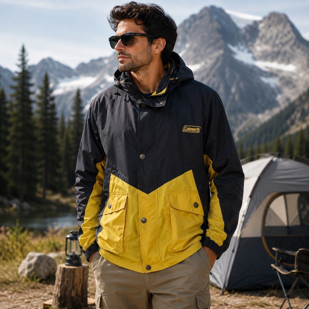 Coleman Mens Large Black Yellow Colorblock Hooded Rain Jacket Outdoor Hiking